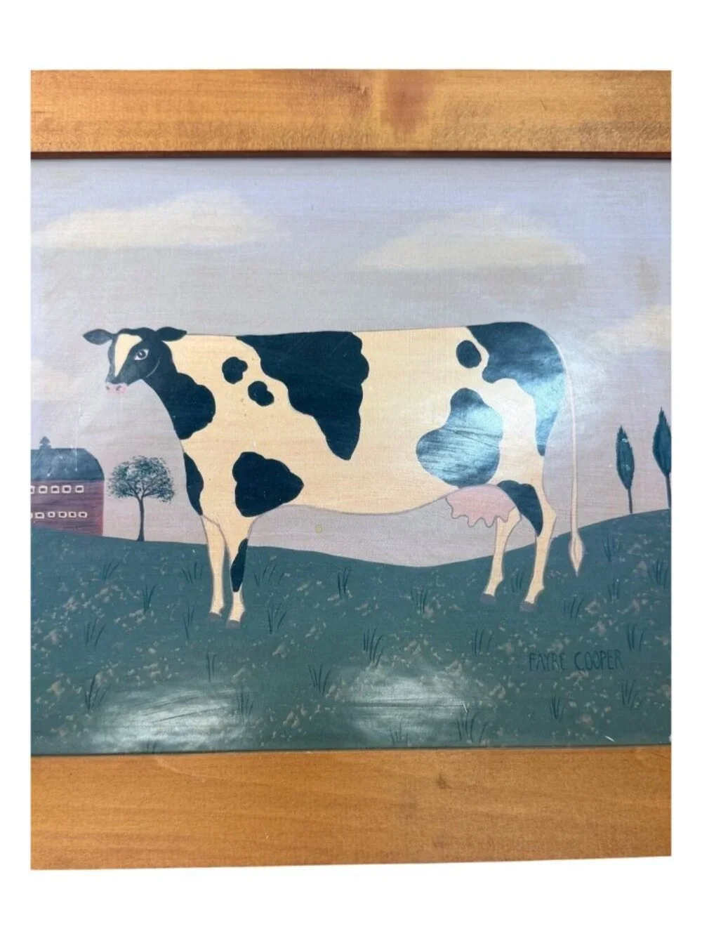 Framed folk art print, American rural scene, Holstein cow